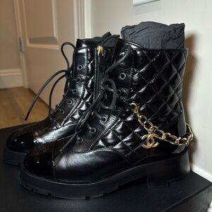 Chanel Black Quilted CC Chain Combat Boots – Size 37 – New with Box
